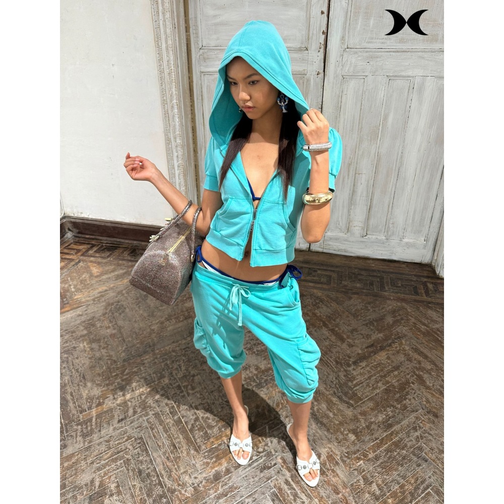 Women Fashion Korean - Setelan jaket hoodie pendek berkancing ritsleting